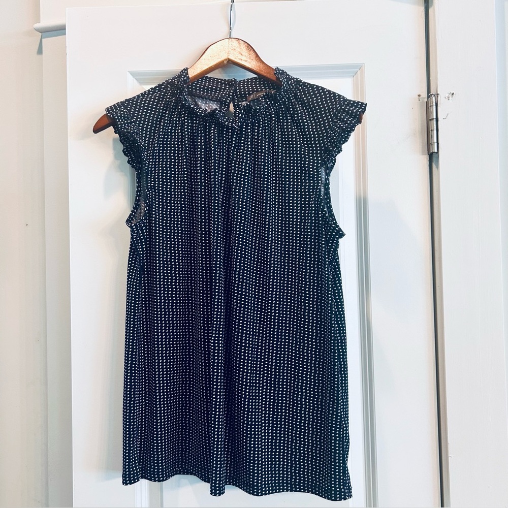 Adrianna Papell Navy and White Polka Dot Blouse Size S